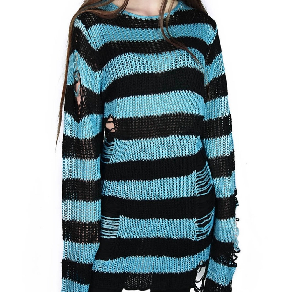 Killstar Blue and Black Striped Distressed Sweater